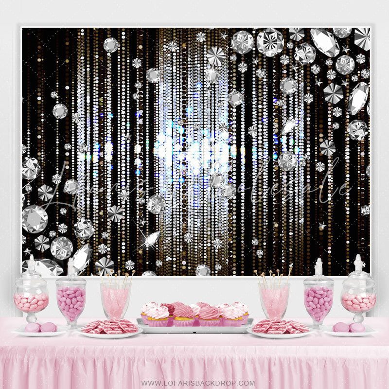 Lofaris Silver Glitter Diamonds Black Birthday Party Backdrop