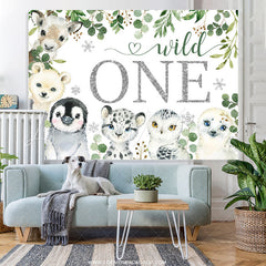 Lofaris Silver Glitter Green Wild One Animals Birthday Backdrop