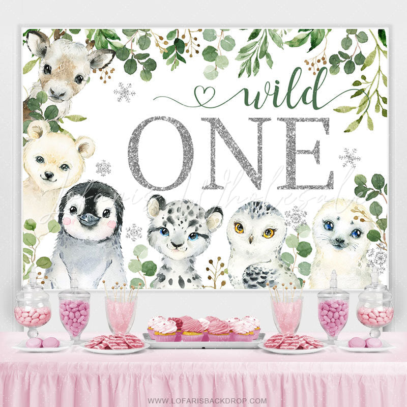 Lofaris Silver Glitter Green Wild One Animals Birthday Backdrop