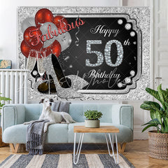 Lofaris Silver Glitter Happy 50th Birthday Heels Bolloon Party Backdrop