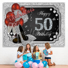 Lofaris Silver Glitter Happy 50th Birthday Heels Bolloon Party Backdrop