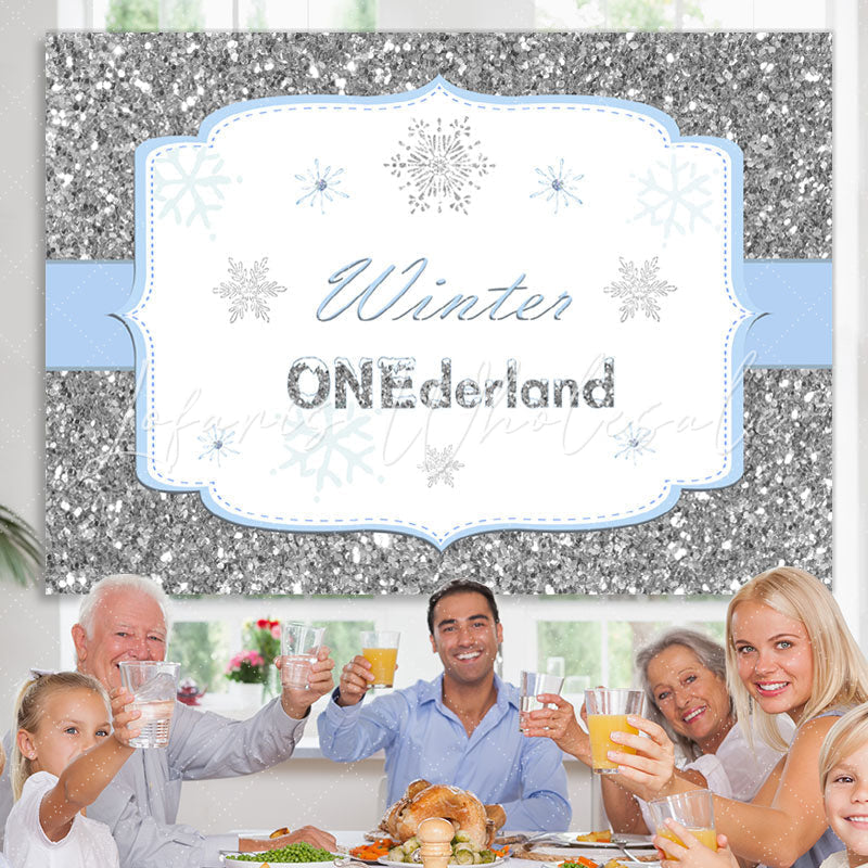 Lofaris Silver Winter Onederland Snowflake Birthday Backdrop for kids