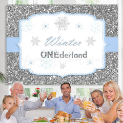 Lofaris Silver Winter Onederland Snowflake Birthday Backdrop for kids