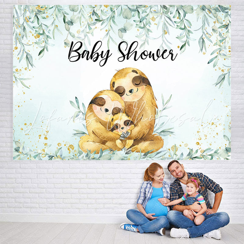Lofaris Sloths Family Green Plant Gold Baby Shower Backdrop