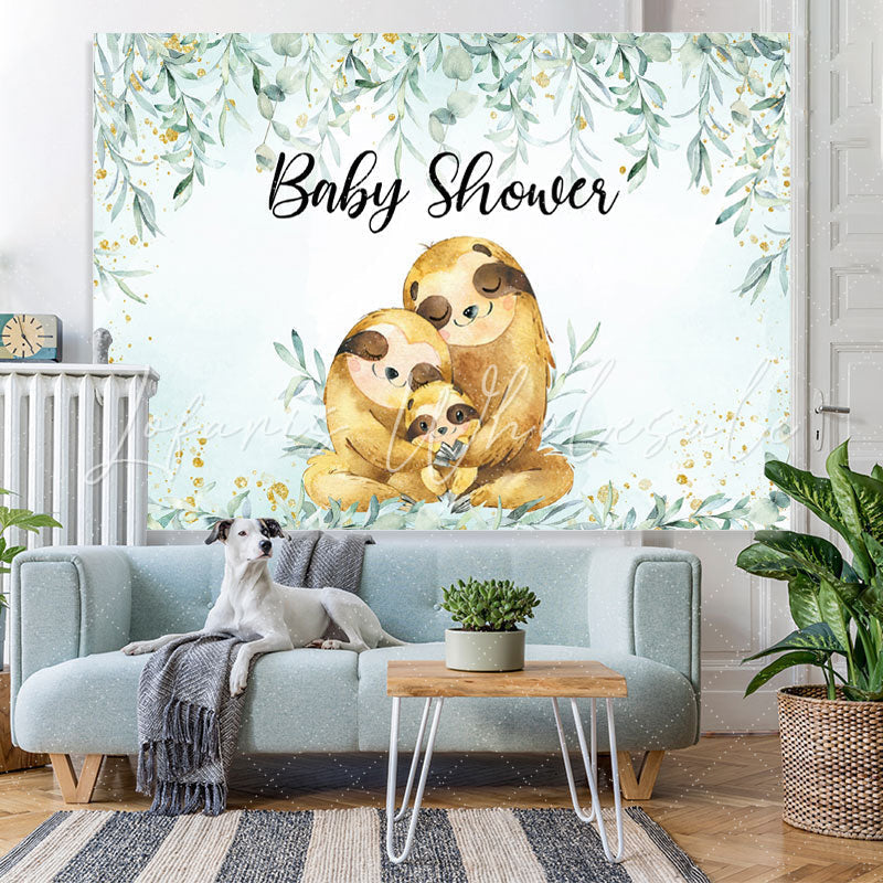 Lofaris Sloths Family Green Plant Gold Baby Shower Backdrop