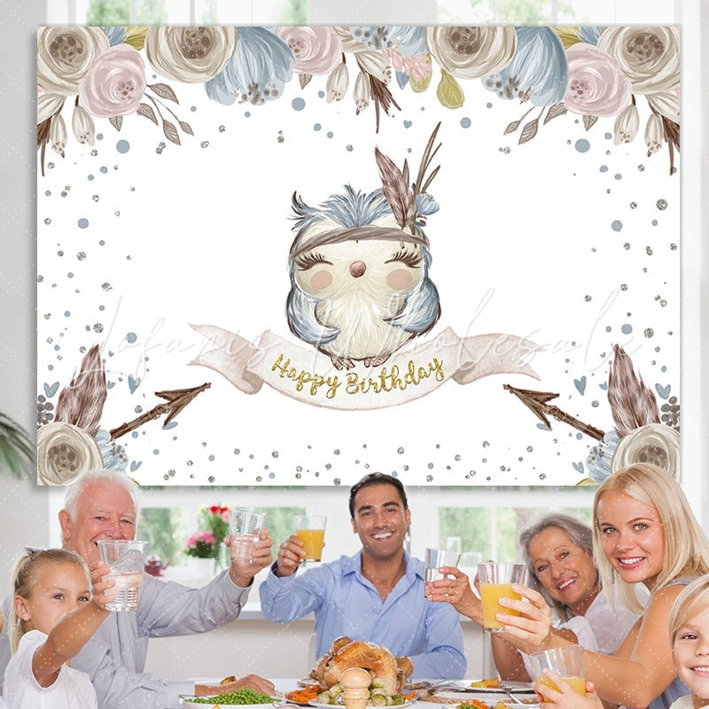 Lofaris Small blue owl flowers happy birthday photo Backdrop