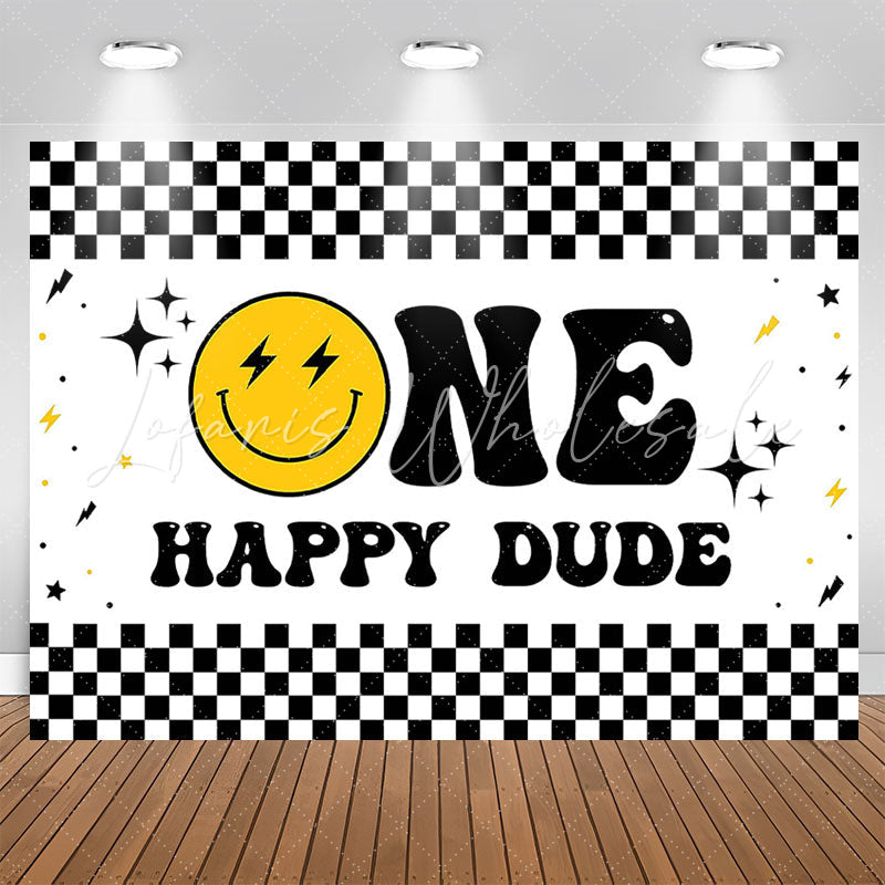 Lofaris Smiling Face Stars Plaid 1st Birthday Party Backdrop