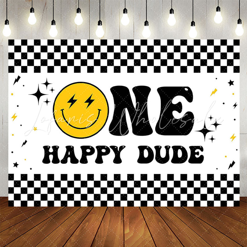 Lofaris Smiling Face Stars Plaid 1st Birthday Party Backdrop