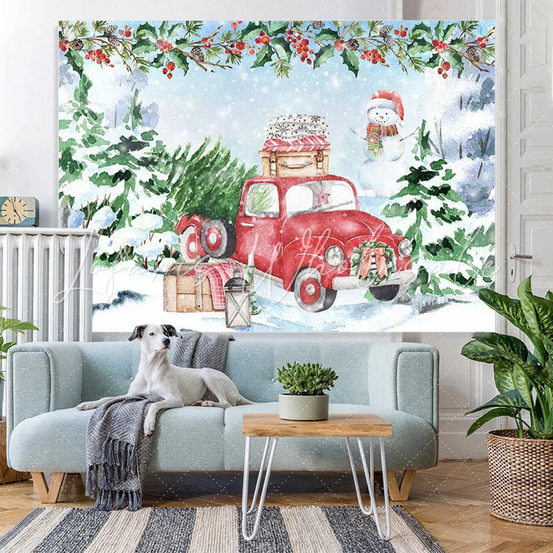 Lofaris Snow Christmas tree red car snowman backdrop