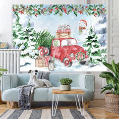 Lofaris Snow Christmas tree red car snowman backdrop