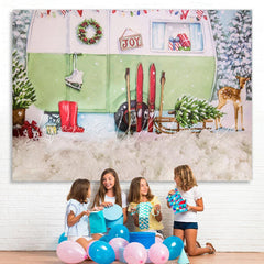 Lofaris Snow Fawn Sled Car Christmas Tree Party Backdrop for Kid