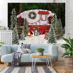 Lofaris Snow Forest Merry Christmas Tree Red Bus Scene Party Backdrop