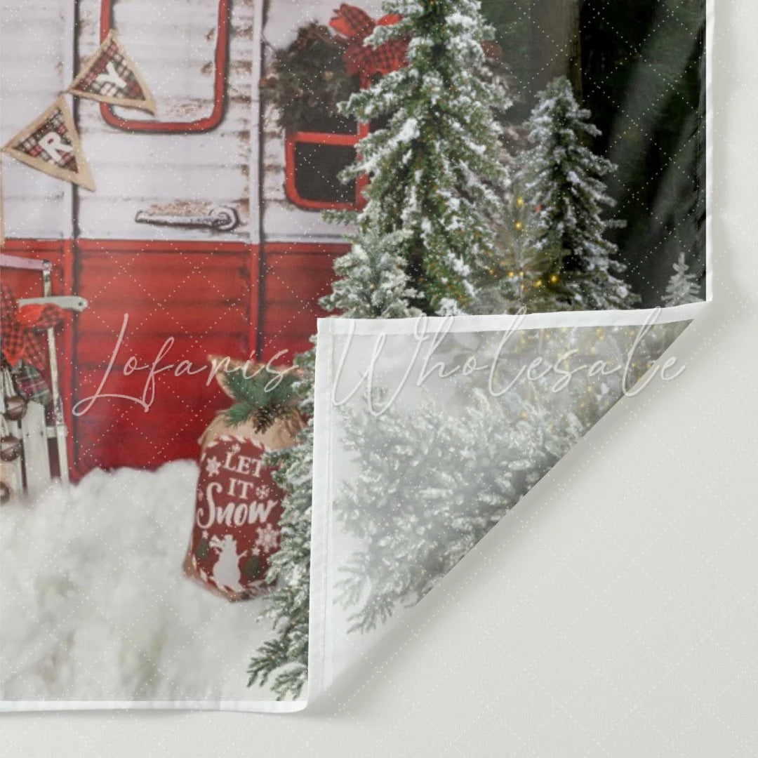 Lofaris Snow Forest Merry Christmas Tree Red Bus Scene Party Backdrop
