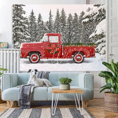 Lofaris Snow Forest Red Truck Winter Christmas Party Backdrop