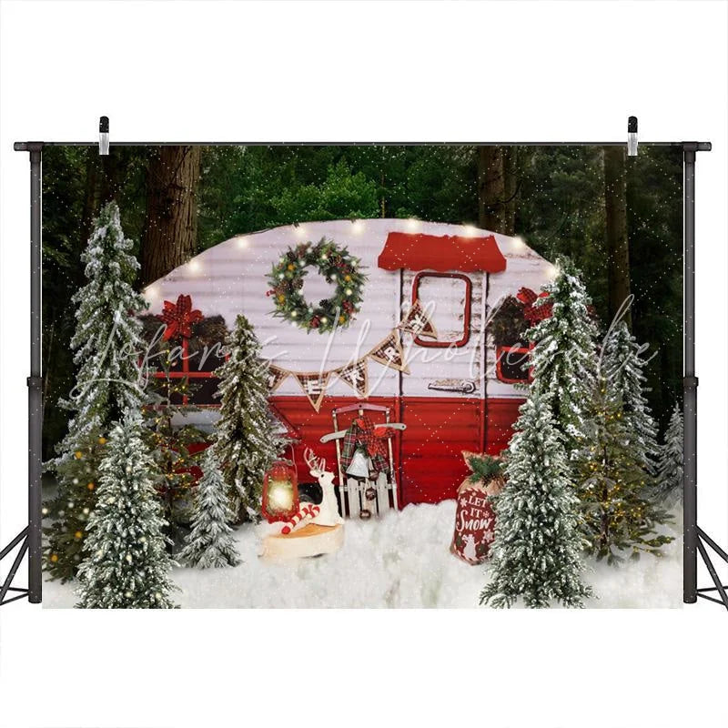Lofaris Snow Merry Christmas Tree With Motorhome Party Backdrop