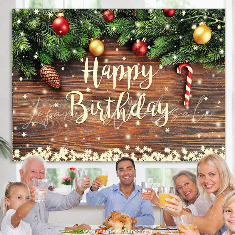 Lofaris Snowy Christmas Theme Wooden Happy Birthday Backdrop