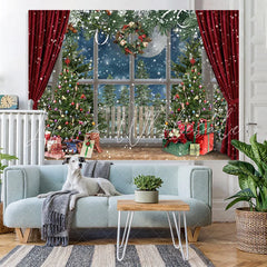 Lofaris Snowy Christmas Trees With Gifts Red Curtain Backdrop