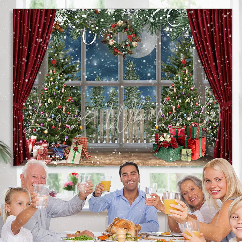 Lofaris Snowy Christmas Trees With Gifts Red Curtain Backdrop