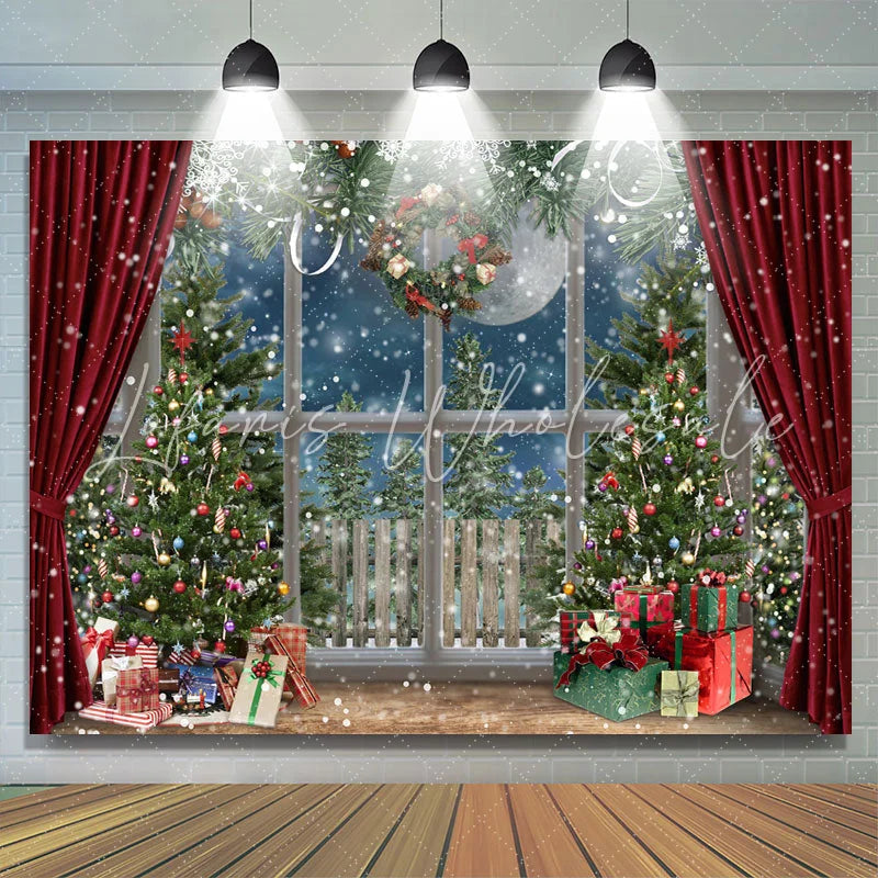 Lofaris Snowy Christmas Trees With Gifts Red Curtain Backdrop