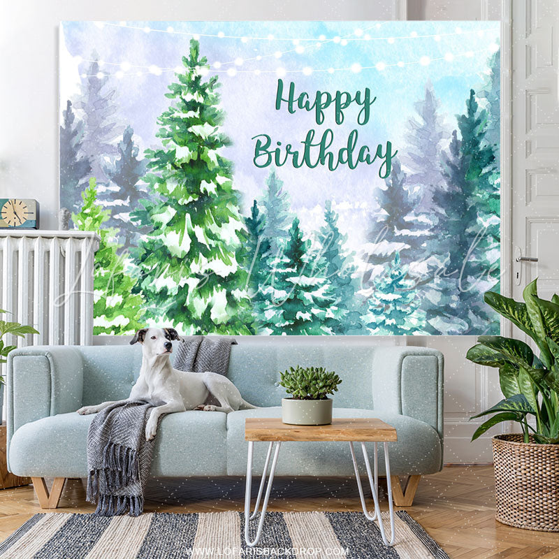 Lofaris Snowy Forest Jungle Winter Happy Birthday Backdrop