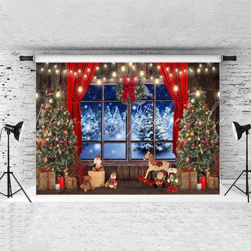 Lofaris Snowy Night Window Red Curtain Christmas Tree Backdrops