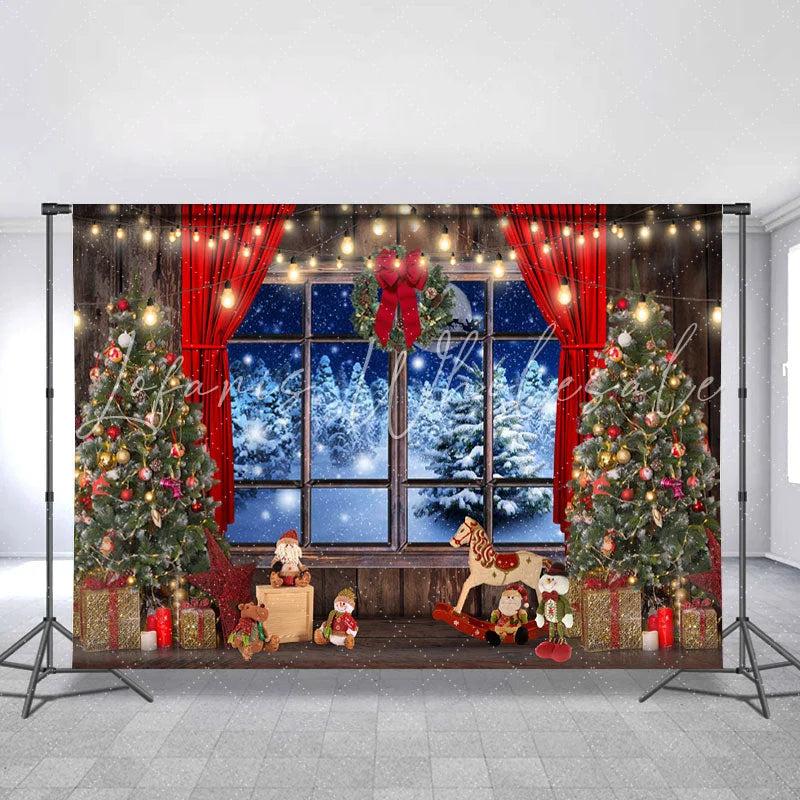 Lofaris Snowy Night Window Red Curtain Christmas Tree Backdrops