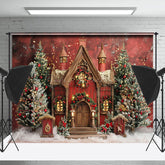 Lofaris Snowy Red Brown House Trees Christmas Photo Backdrop
