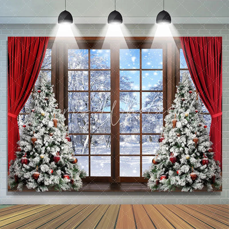 Lofaris Snowy Scene Wood Window Christmas Tree Curtain Backdrop