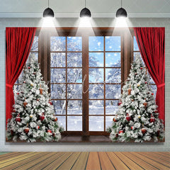 Lofaris Snowy Scene Wood Window Christmas Tree Curtain Backdrop