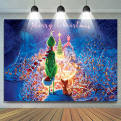 Lofaris Snowy Town Green Monster Merry Christmas Backdrop