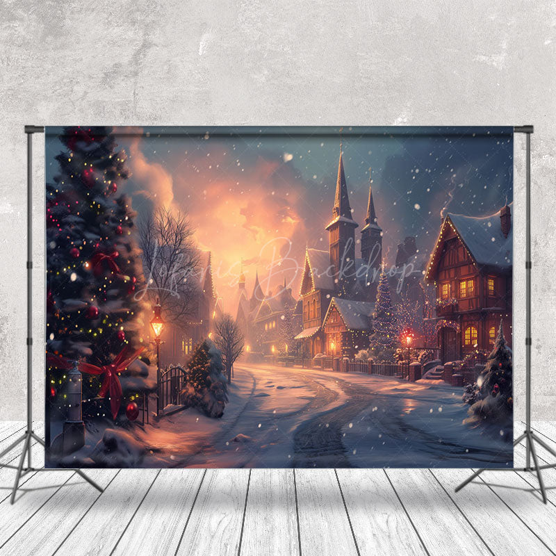 Lofaris Snowy Town Load Tree Winter Christmas Photo Backdrop