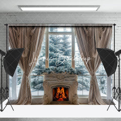 Lofaris Snowy Trees Fireplace Curtain Window View Backdrop