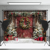 Lofaris Snowy Trees Vintage Wooden Door Christmas Backdrop