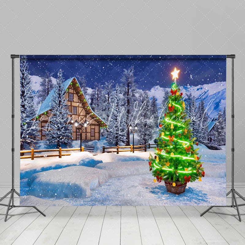 Lofaris Snowy White Cabin With Shiny Christmas Tree Backdrop