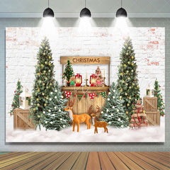 Lofaris Snowy White Winter With Christmas Tree Deer Backdrop