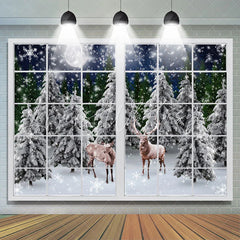 Lofaris Snowy Winter Deers In Forest Out Of Window Backdrop