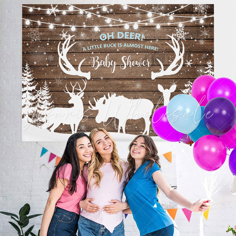 Lofaris Snowy Winter With Deers and Trees Baby Shower Backdrop