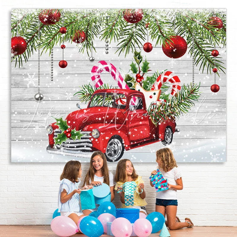 Lofaris Snowy Winter With Red Car And Gifts Christmas Backdrop