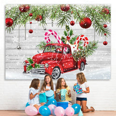 Lofaris Snowy Winter With Red Car And Gifts Christmas Backdrop