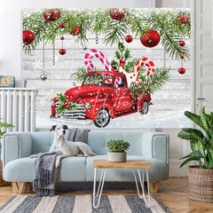 Lofaris Snowy Winter With Red Car And Gifts Christmas Backdrop