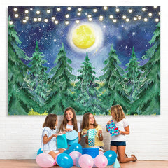 Lofaris Snowy Winter With Trees And Moon Baby Shower Backdrop