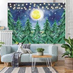 Lofaris Snowy Winter With Trees And Moon Baby Shower Backdrop