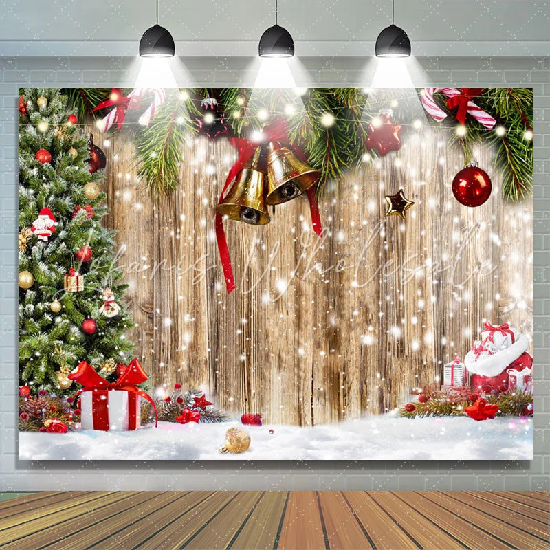 Lofaris Snowy Wooden Board Christmas Bells Holiday Backdrop