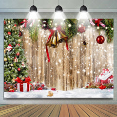 Lofaris Snowy Wooden Board Christmas Bells Holiday Backdrop