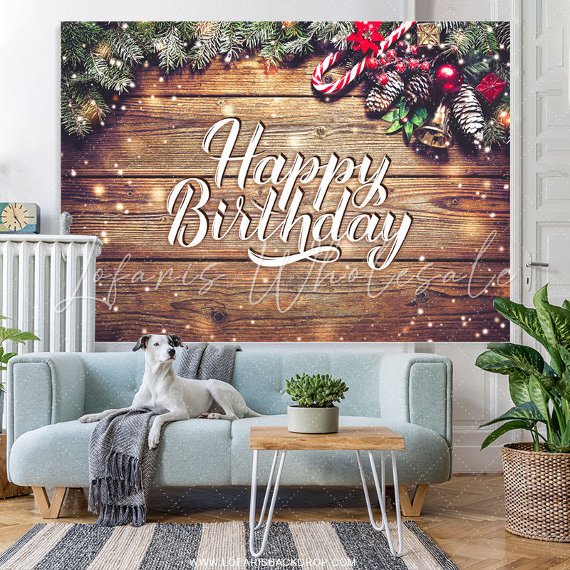 Lofaris Snowy Wooden Christmas Theme Happy Birthday Backdrop