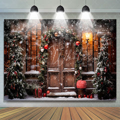 Lofaris Snowy Wooden Door Light Winter Christmas Backdrop