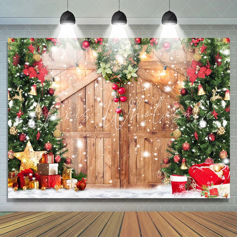 Lofaris Snowy Wooden Door With Wreath Christmas Tree Backdrop