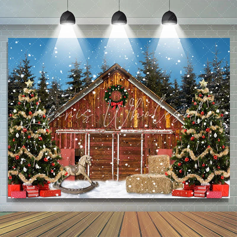 Lofaris Snowy Wooden House Night With Christmas Tree Backdrop