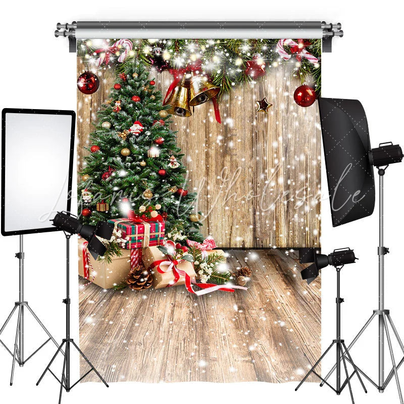 Lofaris Snowy Wooden House With Christmas Tree Bells Backdrop