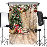 Lofaris Snowy Wooden House With Christmas Tree Bells Backdrop